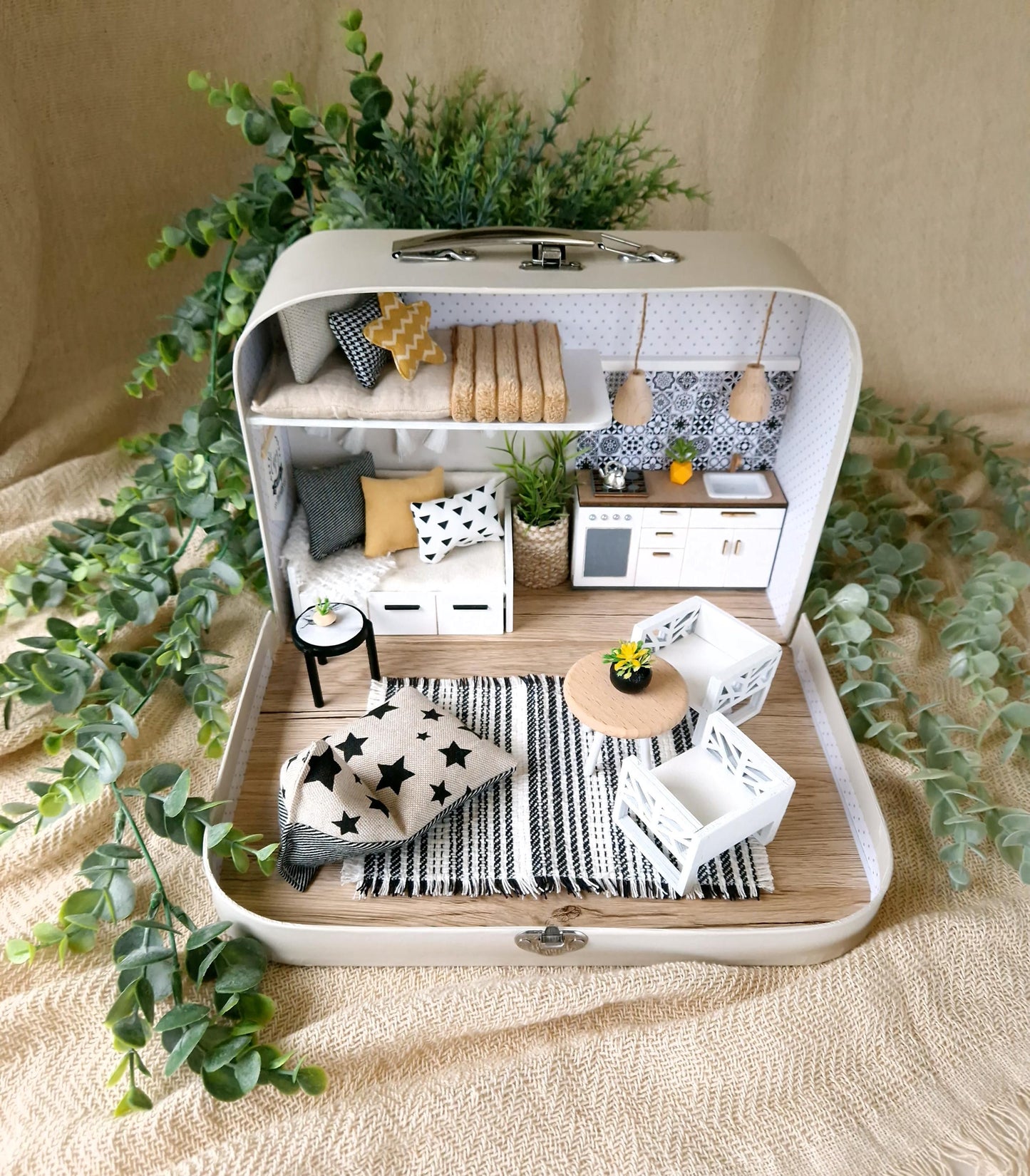 Medium Dollhouse in a Suitcase, Charming Greys, Miniature furniture in 1:12 scale, Maileg mouse house