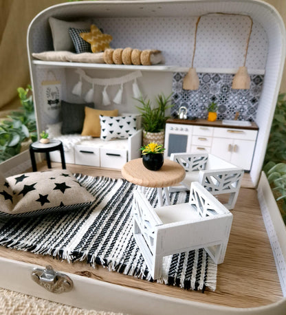 Medium Dollhouse in a Suitcase, Charming Greys, Miniature furniture in 1:12 scale, Maileg mouse house