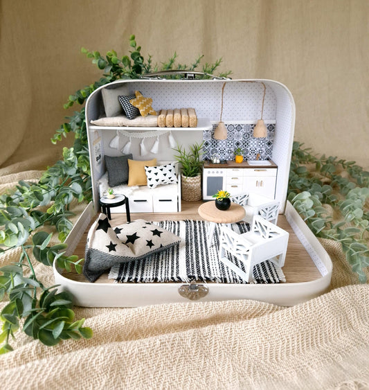 Medium Dollhouse in a Suitcase, Charming Greys, Miniature furniture in 1:12 scale, Maileg mouse house