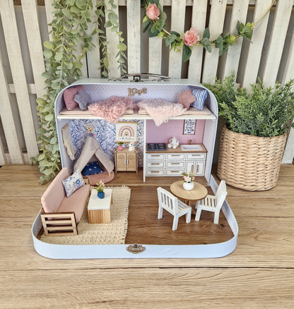 Large Dollhouse in a Suitcase, Cotton Candy Cottage, Miniature furniture in 1:12 scale, Maileg mouse house