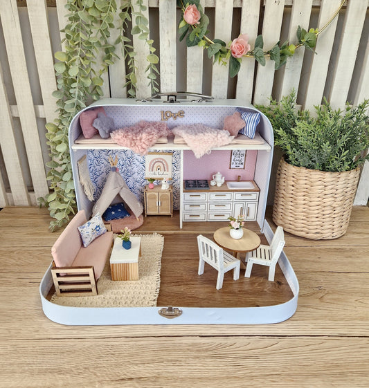 Large Dollhouse in a Suitcase, Cotton Candy Cottage, Miniature furniture in 1:12 scale, Maileg mouse house