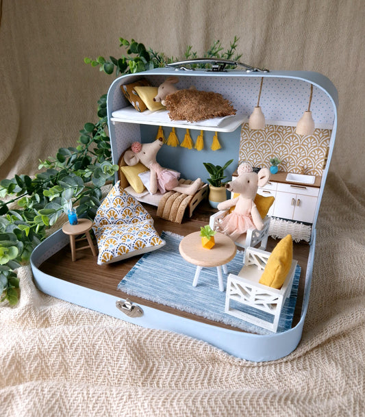 Medium Dollhouse in a Suitcase, Daydreams & Sunshine, Miniature furniture in 1:12 scale, Maileg mouse house