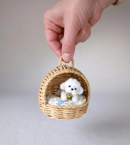 Miniature Rattan Doghouse with Tiny Plush Dog – Dollhouse Furniture