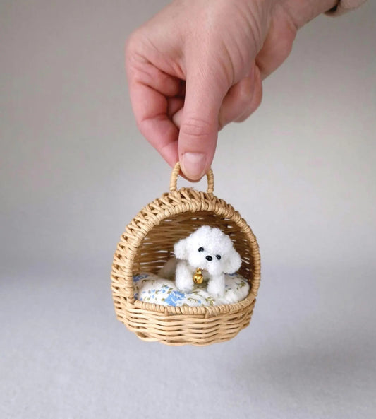 Miniature Rattan Doghouse with Tiny Plush Dog – Dollhouse Furniture