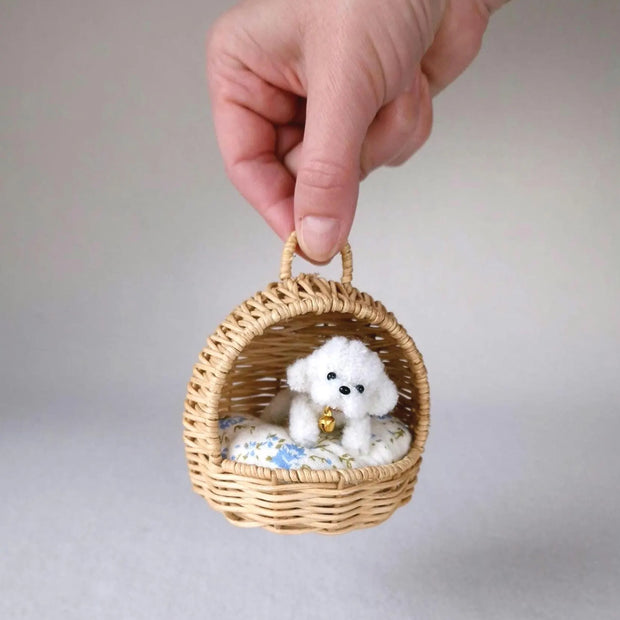 Miniature Rattan Doghouse with Tiny Plush Dog – Dollhouse Furniture