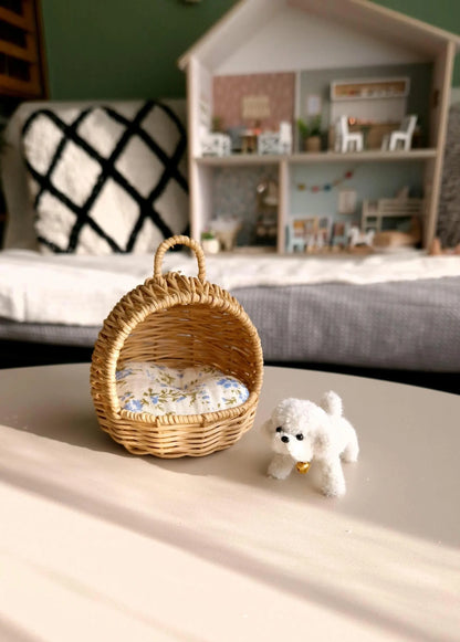 Miniature Rattan Doghouse with Tiny Plush Dog – Dollhouse Furniture