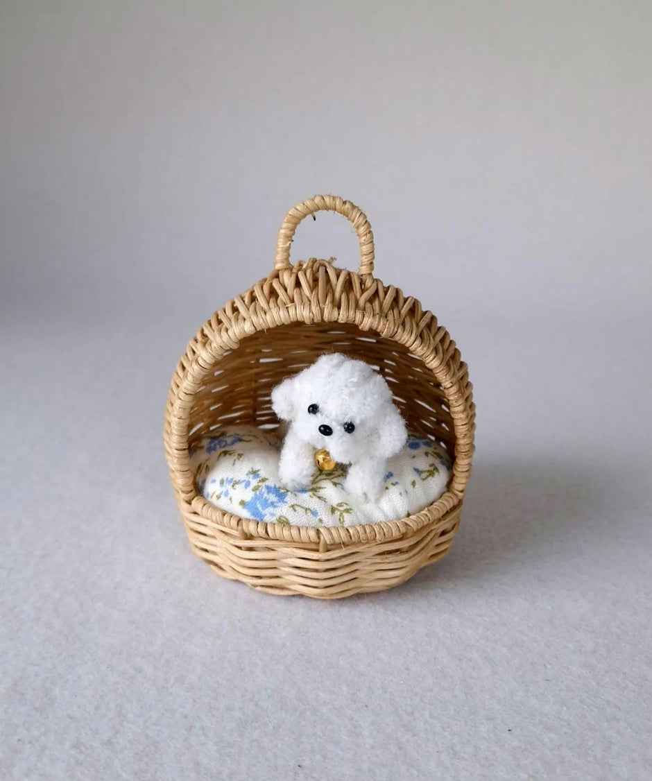 Miniature Rattan Doghouse with Tiny Plush Dog – Dollhouse Furniture