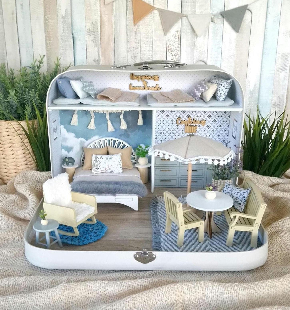 Blueberry Haven large suitcase dollhouse in soft blue with a bedroom, parasol and dining set, 1:12 scale