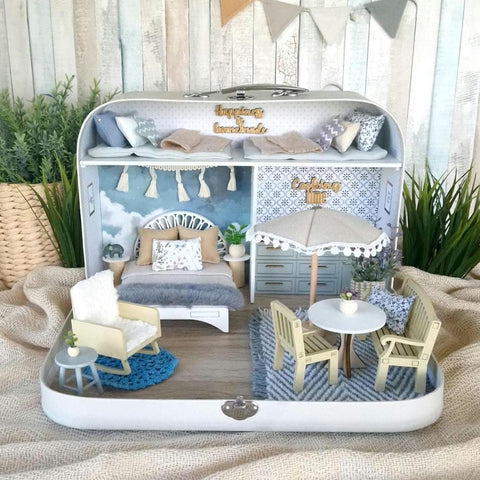 Blueberry Haven large suitcase dollhouse in soft blue with a bedroom, parasol and dining set, 1:12 scale