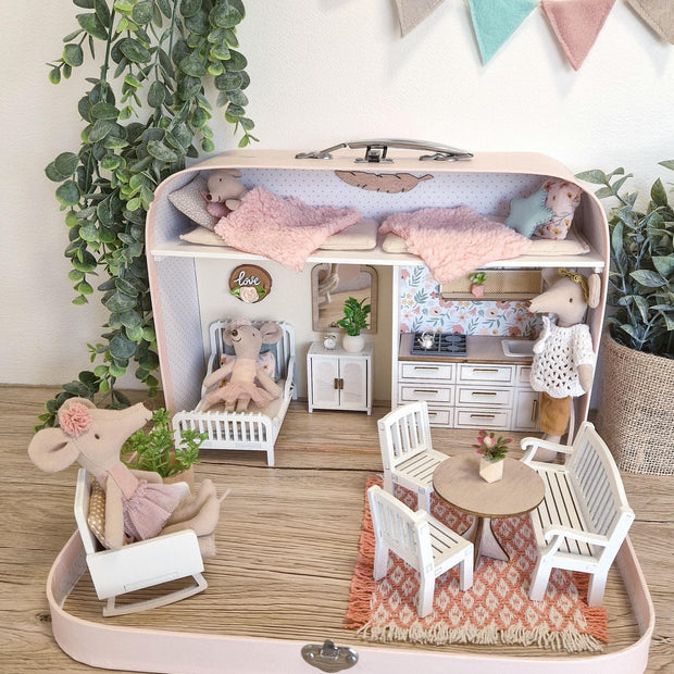 Cozy Rose Cottage large suitcase dollhouse with pink bunting, kitchen, dining set and Maileg-sized mice