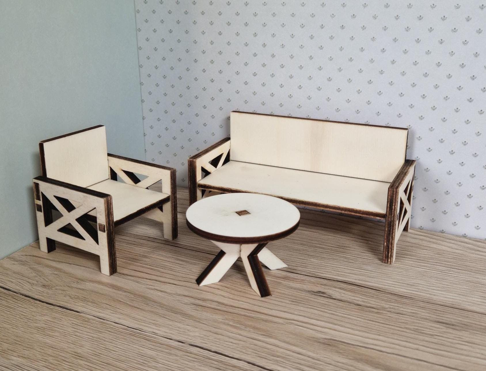 Moderne DIY-Miniatur-Sofagarnitur – Wohnzimmermöbel aus Holz für Maileg & Puppen