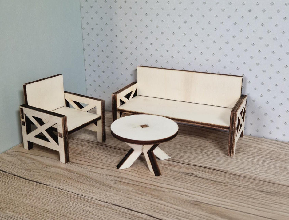 Moderne DIY-Miniatur-Sofagarnitur – Wohnzimmermöbel aus Holz für Maileg & Puppen
