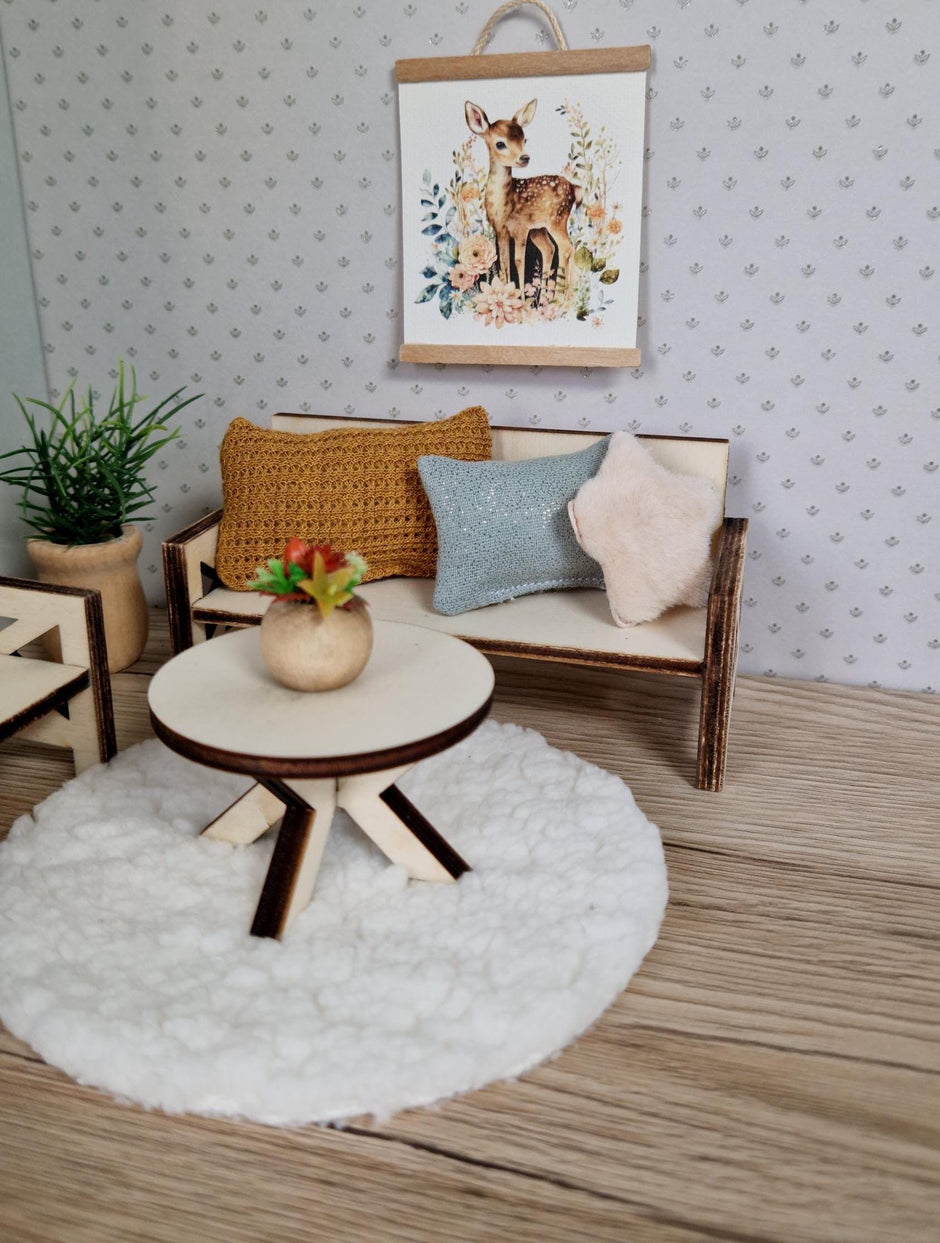 Moderne DIY-Miniatur-Sofagarnitur – Wohnzimmermöbel aus Holz für Maileg & Puppen