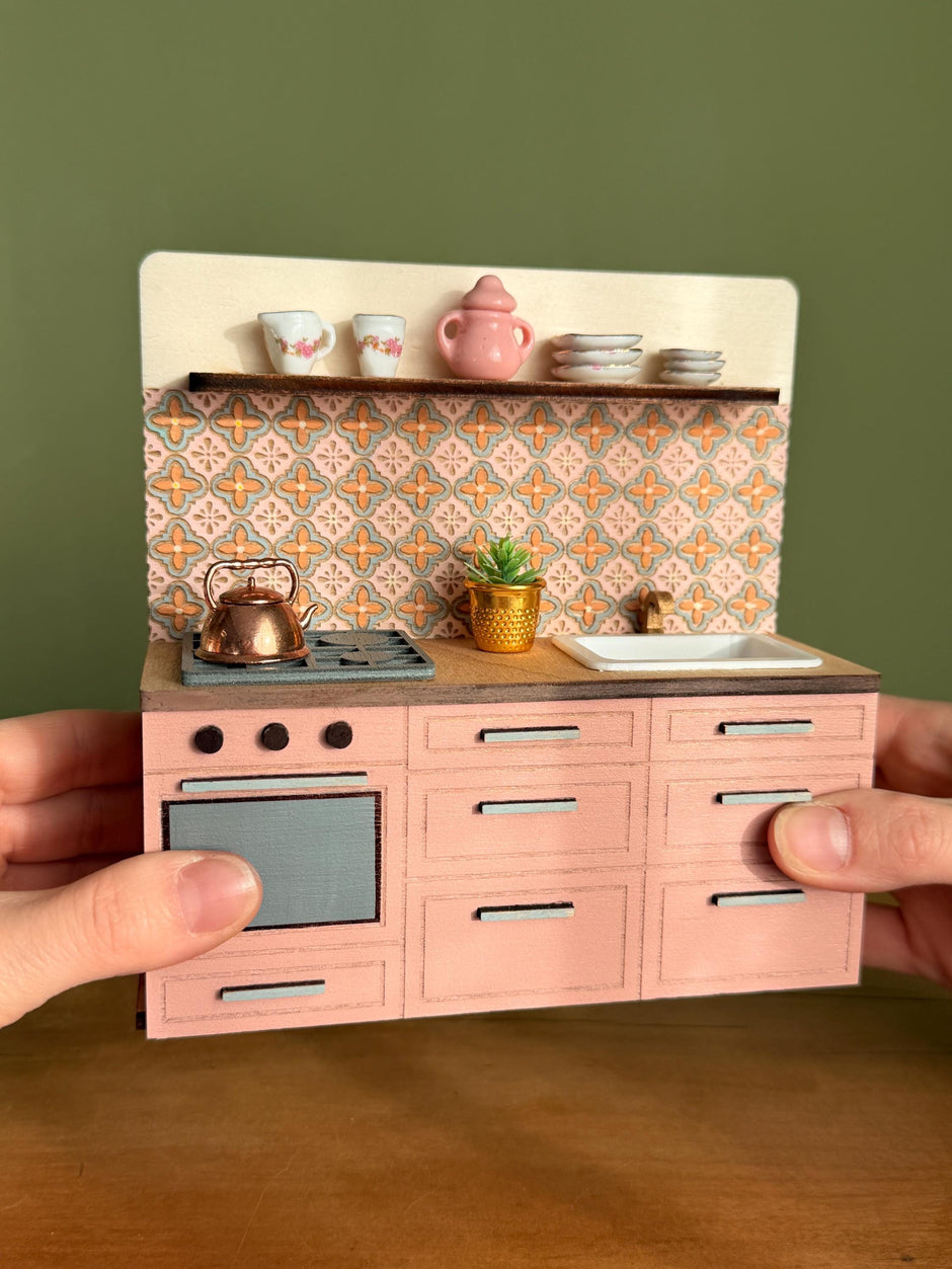 Miniature Kitchen with Hand-Painted Backsplash – Pink, handmade 1:12 miniature – photo 8