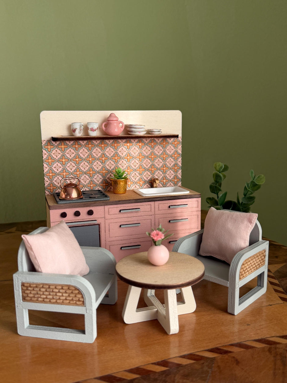 Miniature Kitchen with Hand-Painted Backsplash – Pink, handmade 1:12 miniature – photo 10