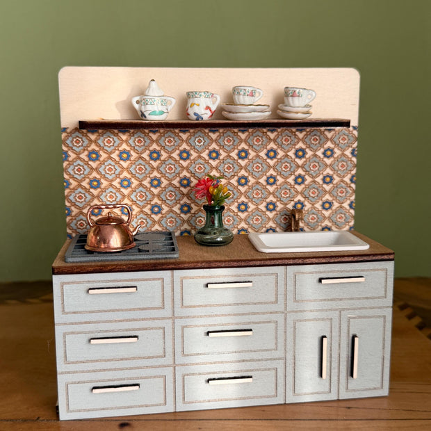 Miniature Kitchen with Hand-Painted Backsplash – Light Grey, handmade 1:12 miniature