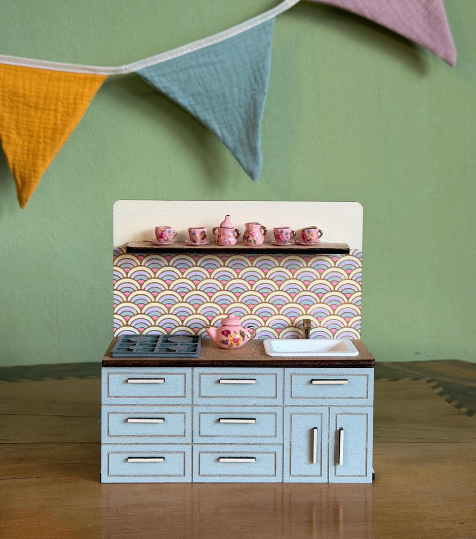 Miniature Kitchen with Hand-Painted Backsplash – Light Blue, handmade 1:12 miniature