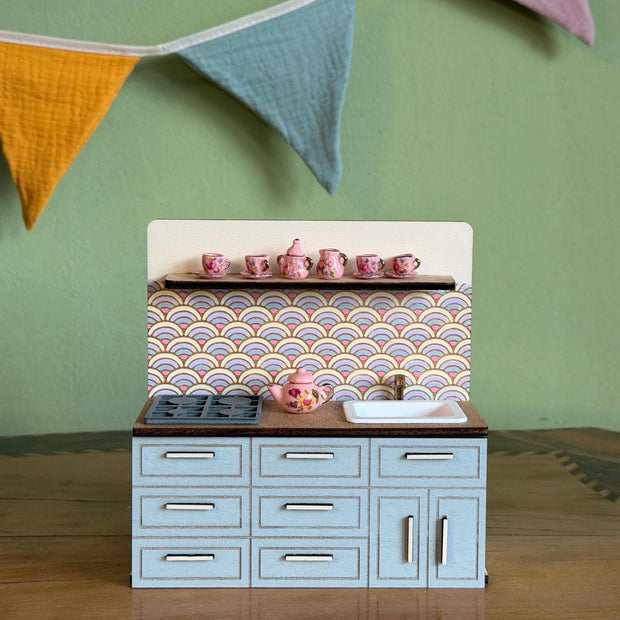 Miniature Kitchen with Hand-Painted Backsplash – Light Blue, handmade 1:12 miniature