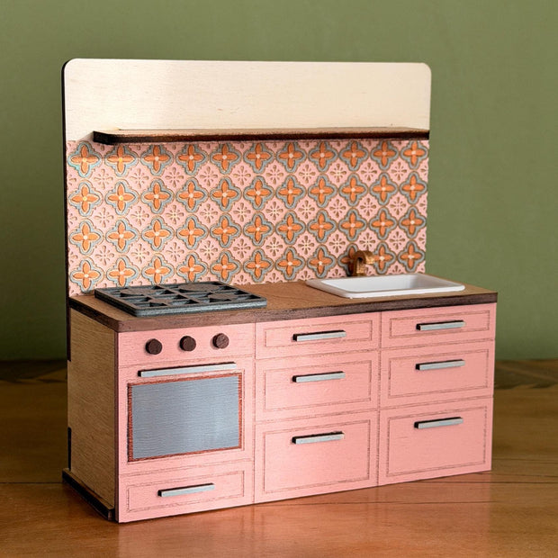 Miniature Kitchen with Hand-Painted Backsplash – Pink, handmade 1:12 miniature – photo 2