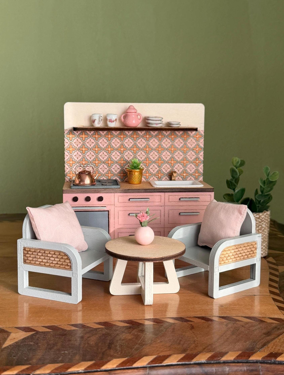 Miniature Kitchen with Hand-Painted Backsplash – Pink, handmade 1:12 miniature – photo 5
