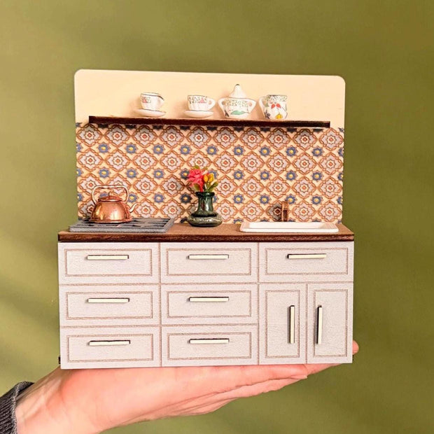 Miniature Kitchen with Hand-Painted Backsplash – Light Grey, handmade 1:12 miniature – photo 2