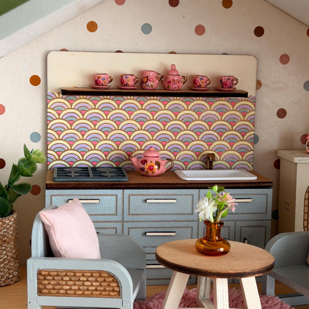Miniature Kitchen with Hand-Painted Backsplash – Light Blue, handmade 1:12 miniature – photo 2