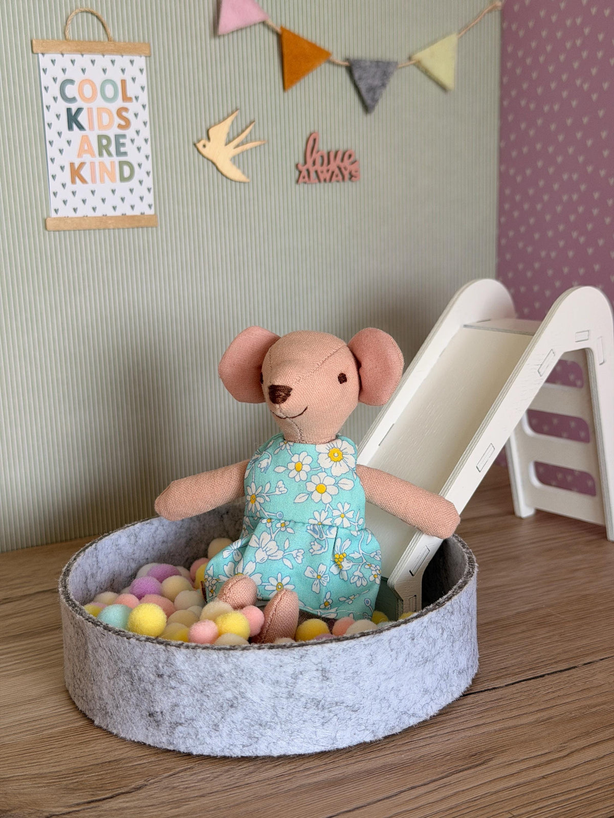 Miniature Wooden Slide and Felt Ball Pit Play Set