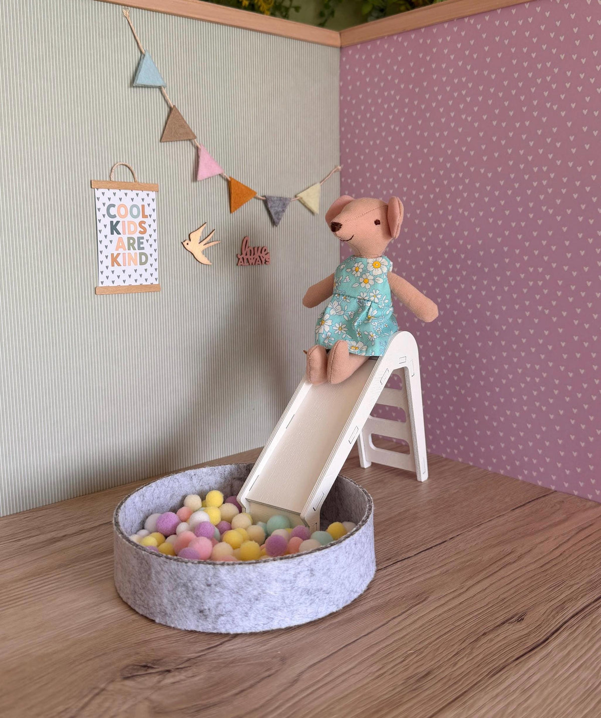 Miniature Wooden Slide and Felt Ball Pit Play Set, handmade 1:12 miniature – photo 8