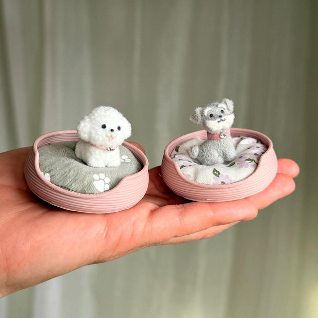 Tiny Plush Puppy in a Miniature Dog Bed, handmade 1:12 miniature