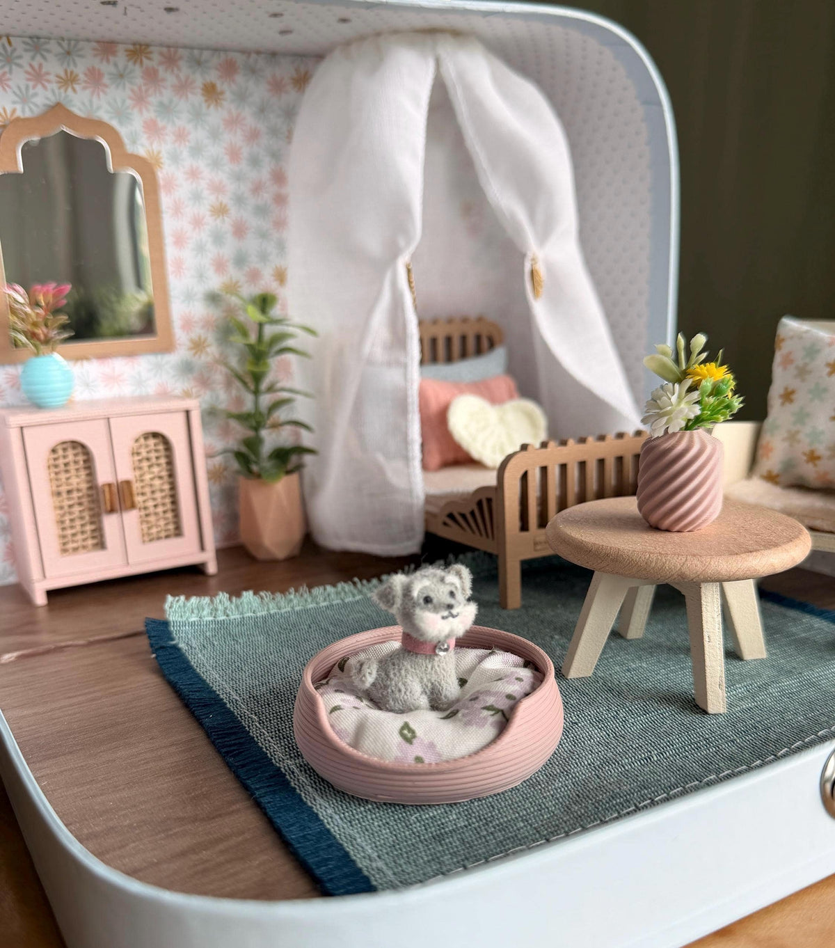 Tiny Plush Puppy in a Miniature Dog Bed, handmade 1:12 miniature – photo 9