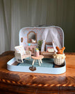 Daydream small suitcase dollhouse with a canopy bed, rocking chair and plush bunny, 1:12 scale