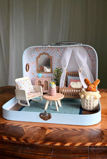 Daydream small suitcase dollhouse with a canopy bed, rocking chair and plush bunny, 1:12 scale