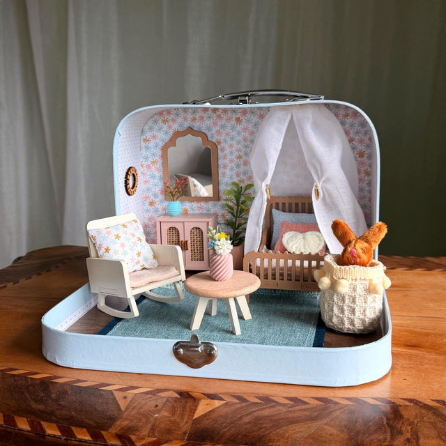 Daydream small suitcase dollhouse with a canopy bed, rocking chair and plush bunny, 1:12 scale