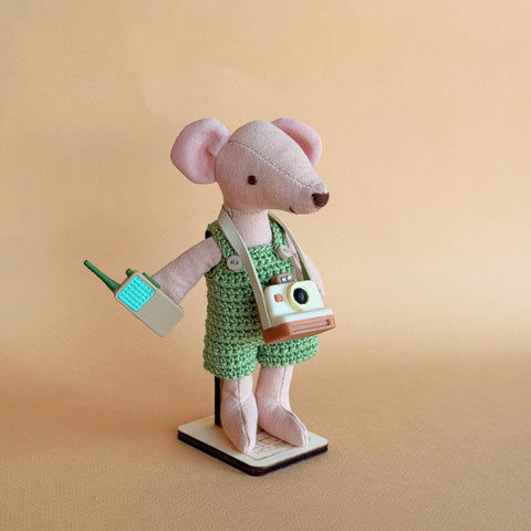 Pip, a handmade fabric mouse doll in green check overalls with a tiny camera and walkie-talkie