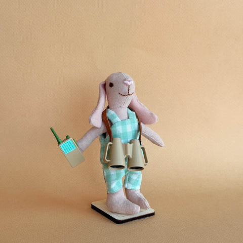 Benjamin, a handmade fabric rabbit doll in a mint green checked outfit