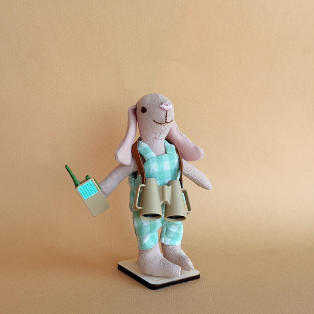 Benjamin, a handmade fabric rabbit doll in a mint green checked outfit
