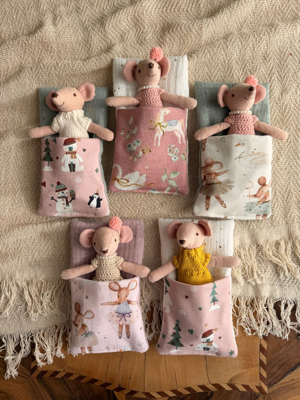 Little friends mice in handmade sleeping bags